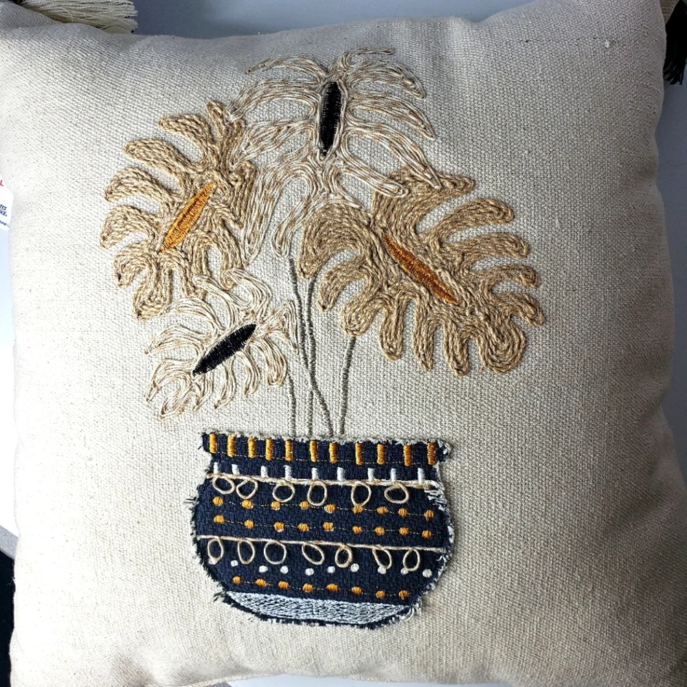 Embroidered Boho Decorative Pillow Botanical Ethnic Primative Textured Tassels